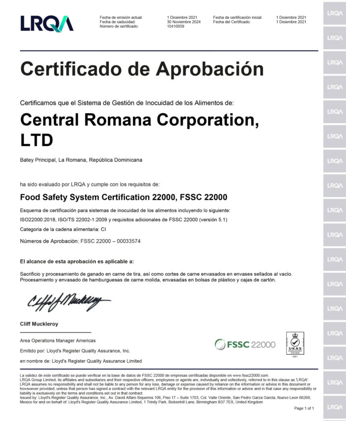 Certification to Central Romana awarded by Lloyd’s Register Quality Assurance